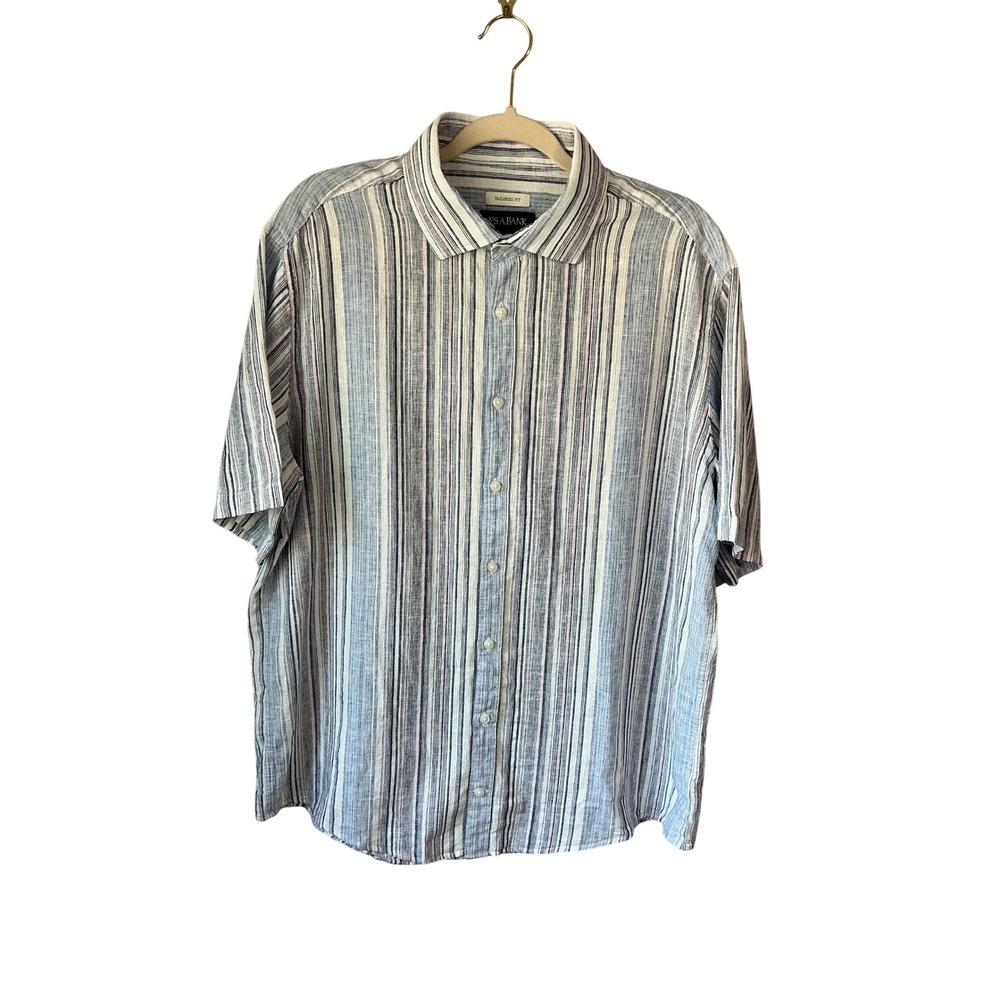 Jos A Bank Mens Short Sleeve Linen Cotton Striped Tailored Fit Shirt Blue L